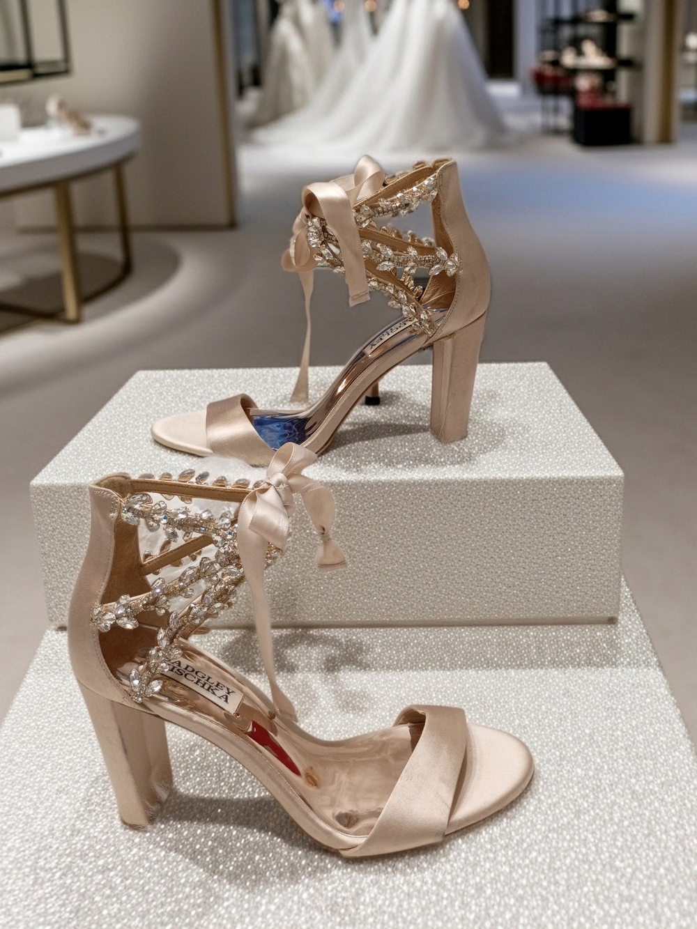 Badgley Mischka Everafter Nude Satin Crystal-Ankle Strap Heels 6.5